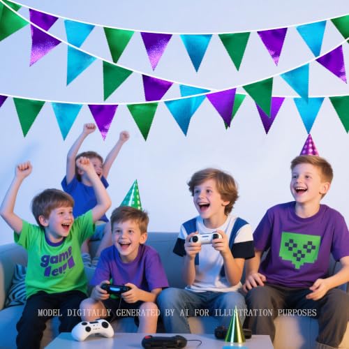 Blue Green Purple Party Decorations Metallic Fabric Triangle Pennant Banner Flag Bunting for Men Boys Video Game Theme Birthday Graduations Retirement Wedding Bachelor Baby Shower Party Supplies (36 Count)