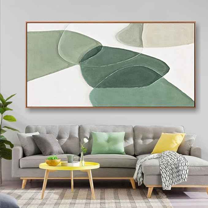 Modern Wall Art Large Geometric Green And White Geometric Color Block Line Art Painting Artwork Canvas Simple Picture Textured Artwork Framed For Living Room Bedroom Office Home Decor 29"X 58"