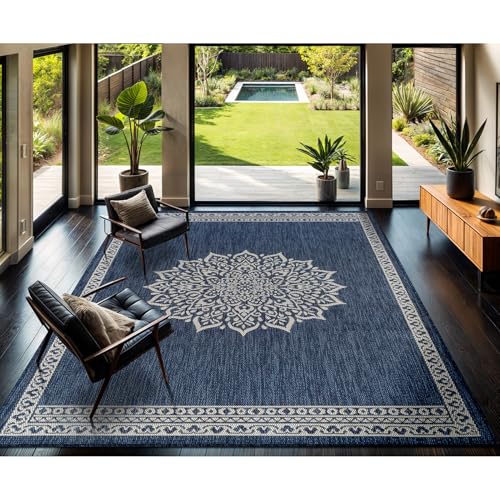 Outdoor Rug 9x12 Medallion Blue Modern Large Area Rugs for Indoor and Outdoor Patios Kitchen and Hallway Mats Washable Porch Deck Outside Carpet (108 Sq Ft)
