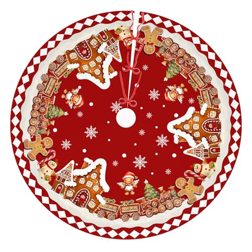 Red Gingerbread Christmas Tree Skirt Decorations House Decor Christmas Gingerbread Tree Ornaments Holiday Party Indoor Outdoor Xmas Trees Mat 36 inches