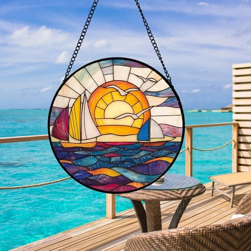 Sunset Sailboat Stained Glass Window Hanging Suncatcher Gifts Decor 15"