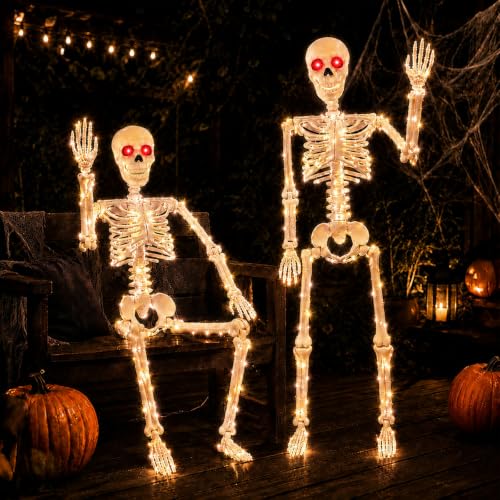 2PCS Halloween Lighted Skeletons Decoration White Light and Red Light Eyes (White LED Light)