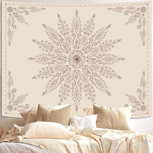 Boho Floral Mandala Tapestry for Bedroom Aesthetic Bohemian Flower Wall Tapestry Beige Hippie Indian Small Tapestries Wall Hanging for Living Room Dorm Decor 40 x 30 Inch