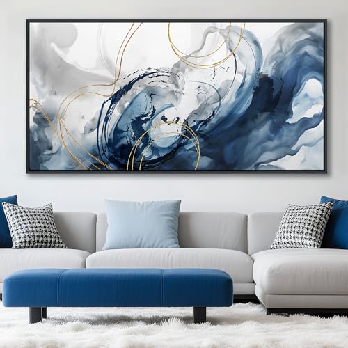 Large Framed Canvas Art Wall Art Blue Abstract Wall Decor Modern Home Decor Office Wall Decor Home Decorations for Living Room Minimalist Bedroom Artwork 29×58in