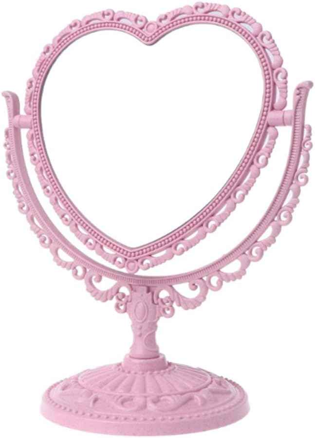 AKOAK Heart-Shaped Cosmetic Mirror - Plastic, Double-Sided, Rotatable, Lightweight - Bathroom & Bedroom Mirror (Pink)