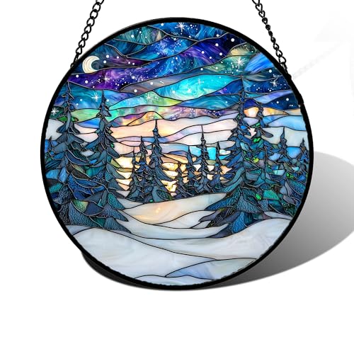 Aurora Winter Forest Stained Glass Window Hanging Suncatcher Gifts 7.8"