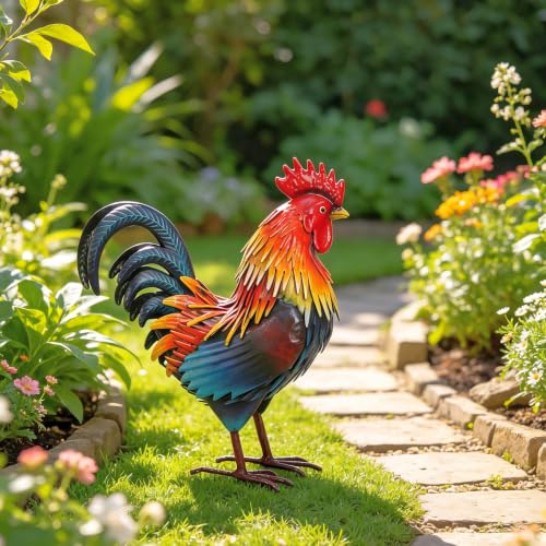 Rooster Garden Statue Sculpture Metal Chicken Yard Decor Outdoor Figurines Patio Backyard Decoration
