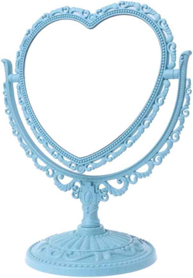 AKOAK Heart-Shaped Cosmetic Mirror - Plastic, Double-Sided, Rotatable, Lightweight - Bathroom & Bedroom Mirror (Blue)