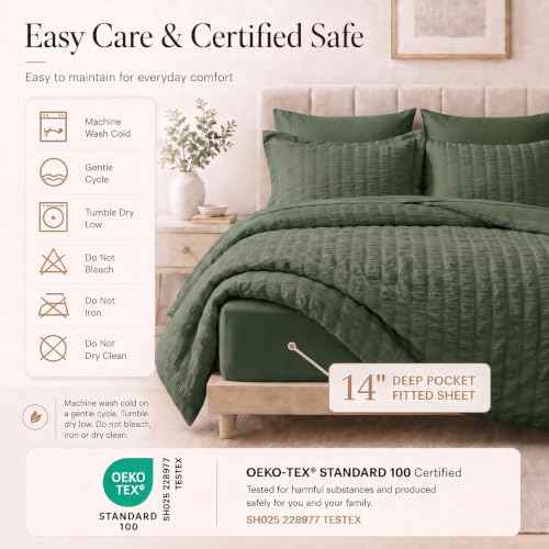 King Size Comforter Set 7 Pieces Dark Green Seersucker Bed in a Bag