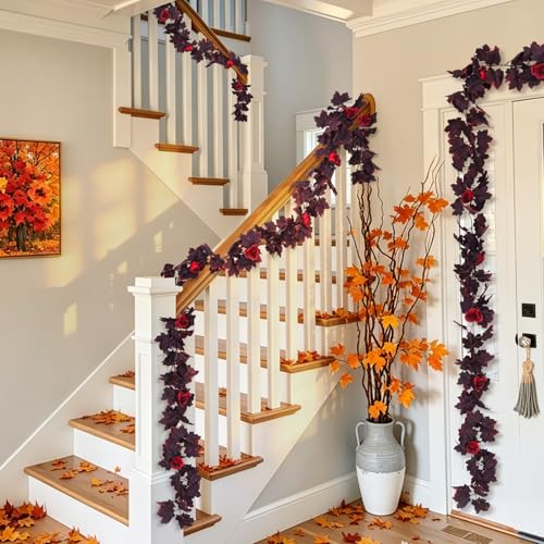 Fall Leaves Garland Hanging Maple Leaf Vines Fake Burgundy Rose (11.4 Foot)
