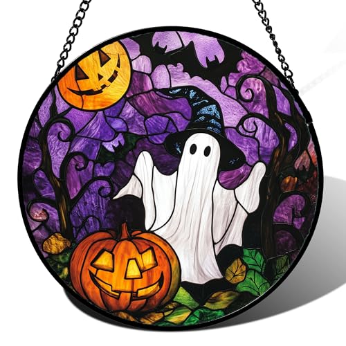 Stained Glass Window Hanging Halloween White Ghost Black Bat 6.3"