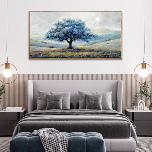 Wood Framed Canvas Wall Art For Living Room Large Wall Decor For Office Bedroom Decorations Blue Tree Landscape Pictures Farmhouse Paintings Artwork Wall Mural Modern Home Decor 30x60 In