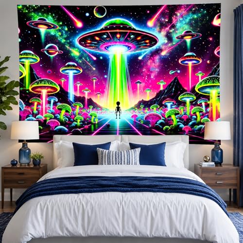 Blacklight Tapestry Alien UFO Neon Decor 78 x 59 Inch