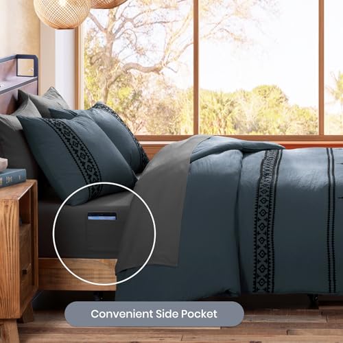 Embroidery King Size Comforter Set 7 Pieces Blue Grey Bed in a Bag