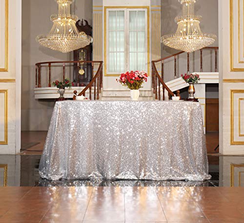 Sequin Tablecloth 60x120 Inch Silver for Disco Wedding Party