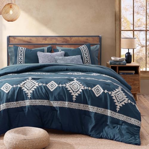 Embroidery Full Size Comforter Set 7 Pieces Navy Blue Bed in a Bag (7 Piece Set)