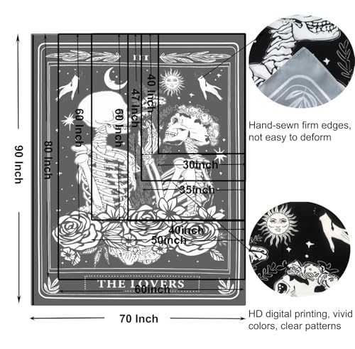 The Lovers Skull Tapestry Gothic Tapestry Vertical Black and White Skeleton Gothic Witch Sun Moon Floral Plant Snake Tapestries Wall Hanging Decor for Bedroom Dorm Room 30 x 40 Inches