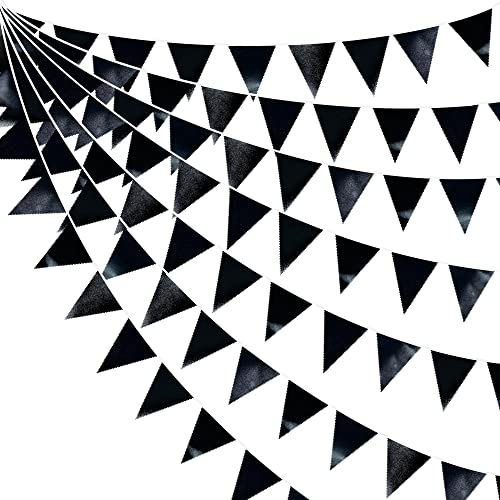 Black Party Decorations Triangle Pennant Banner Flag Black Metallic Fabric Bunting Garland for Graduation Birthday Wedding Engagement Bachelorette Holiday Halloween Celebration Hen Party Supplies (32 Foot)