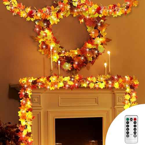 6 Pack 5.74 Feet Each Maple Leaves Garlands with 8 Lighting Modes LED String Lights Artificial Maple Leaf Fall Decorations for Home Indoor Outdoor Thanksgiving Halloween Decor (6 Count)
