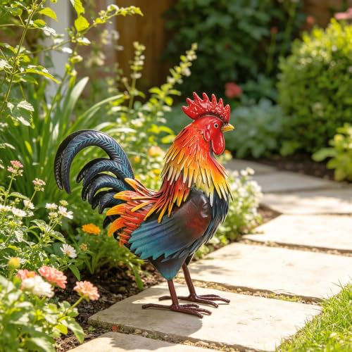Rooster Garden Statue Sculpture Metal Chicken Yard Decor Outdoor Figurines Patio Backyard Decoration