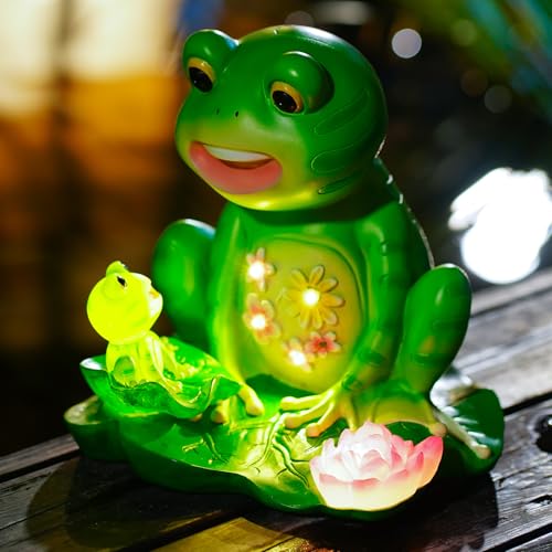 Upgraded Size Solar Garden Outdoor Statues Frog Mother and Little Frog with 6 LED Solar Figurine for Lawn