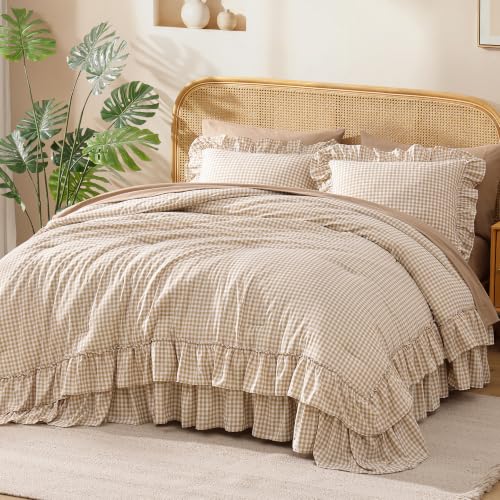 King Size Comforter Set Gingham Ruffle Tan 7 Pieces Bed in a Bag