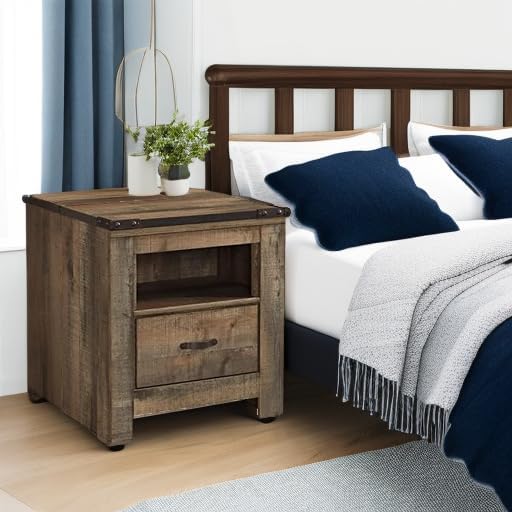 Signature Design by Ashley Trinell Rustic 1 Drawer Nightstand, USB Charing, Storage Cubby, Nailhead Accents, Wood, 24.72" W x 16.18" D x 26.22" H, Warm Brown