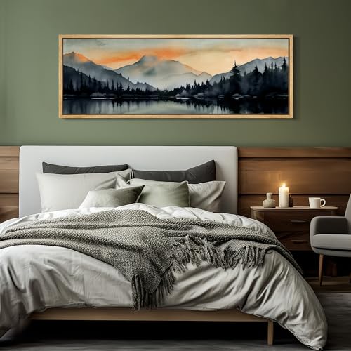 Large Framed Canvas Print Wall Art Sunset Mountain Range and Lake Panoramic Antique Retro Fine Art Illustrations Decorative Colorful for Bedroom