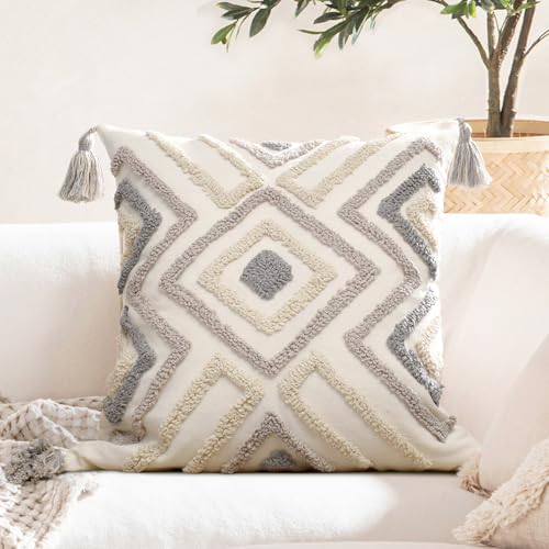 Boho Pillow Covers 20X20 Inch Boho Tufted Throw Pillow Covers Decorative Tassels Cushion Cover Farmhouse Pillow Case for Couch Sofa Bed Living Room Bedroom