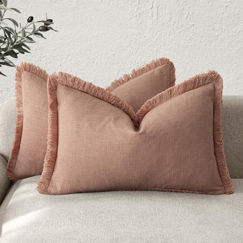 Boho Linen Fringe Lumbar Throw Pillow Covers 12×20 Coral Pink (2 Count)