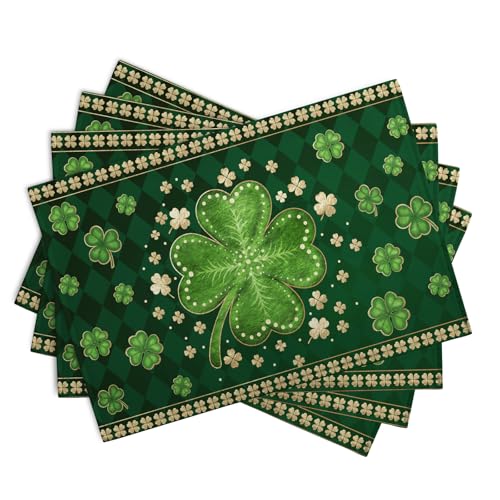Green Shamrock St Patricks Day Placemats Set of 4 Lucky Clover Plaid Check Table Mat 12x18 Inch St. Patrick's Day Seasonal Holiday Place Mats Spring Linen Placemat for Party Kitchen Dining Decor