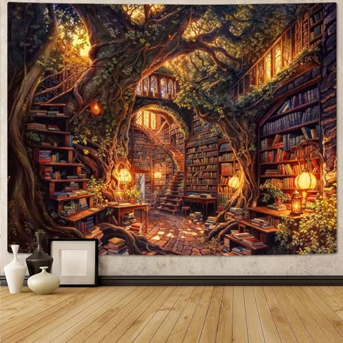 Forest Library Tapestry Tree Bookshelf Tapestries Wall Hanging Vintage Fantasy Fairy Treehouse Book Extra Large Tapestry for Bedroom Living Room Dorm Classroom 90 x 68 inch
