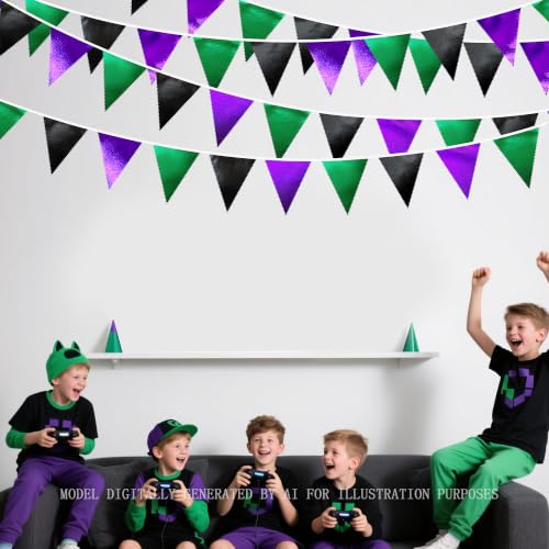 Black Purple Green Party Decorations Metallic Fabric Triangle Pennant Banner Flag Bunting for Boys Men Birthday Graduations Wedding Bachelorette Retirement Video Game Level Up Theme Party Supplies (36 Count)