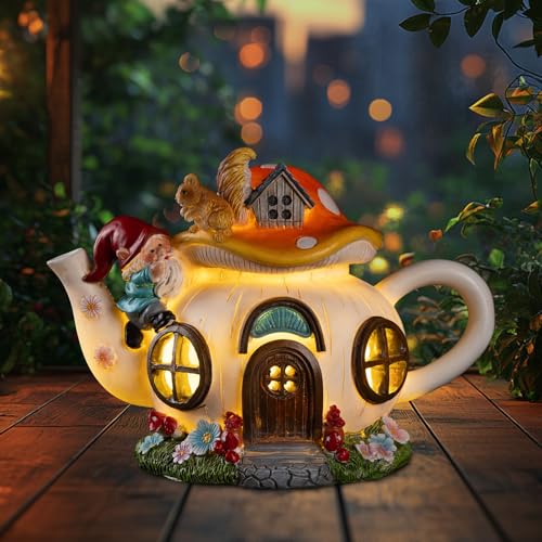 Solar Fairy House Garden Outdoor Statue with Gnome and Squirrel Figurine