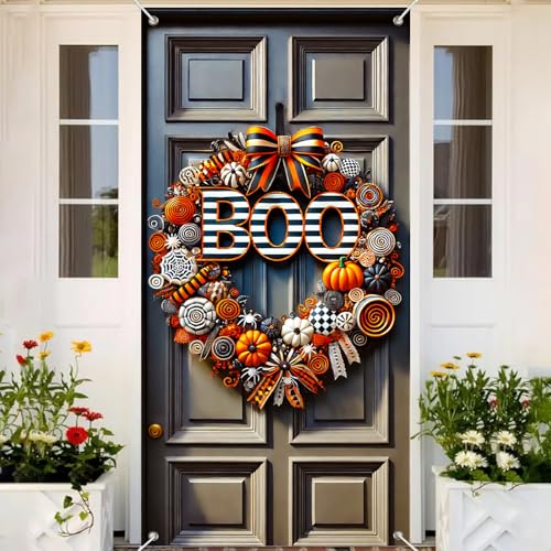 Halloween Door Cover Spiders Swirl Ribbon 35x71 Inch Polyester