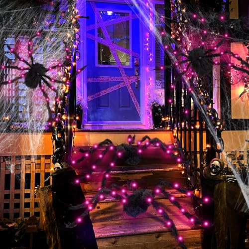 4 Pack Large Halloween Light up Spiders Decorations 4ft 2.9ft 2.4ft 2ft Black Fake Giant Light up Spider Bendable Outdoor Yard for Halloween Garden Party Decor (Pink)