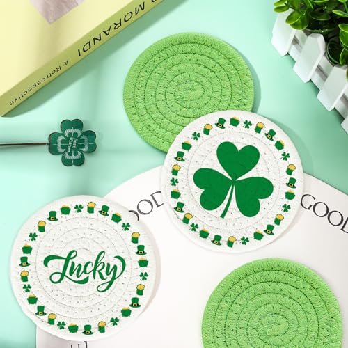 4Pcs St. Patrick's Day Handmade Braided Drink Coasters Shamrock Lucky Clover Cotton Coasters Irish Green Absorbent Cup Mat Tabletop Protection for Home Office Party Tableware (4 Count)
