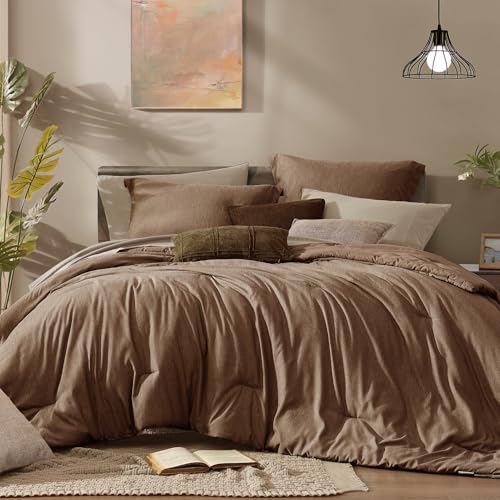 Queen Comforter Set 7 Pieces Brown Cationic Dyeing Bed in a Bag