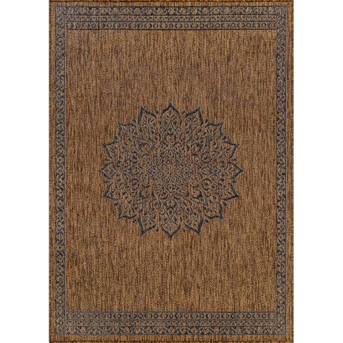 Outdoor Rug 9x12 Medallion Gold Modern Large Area Rugs for Indoor and Outdoor Patios Kitchen and Hallway Mats Washable Porch Deck Outside Carpet (108 Sq Ft)