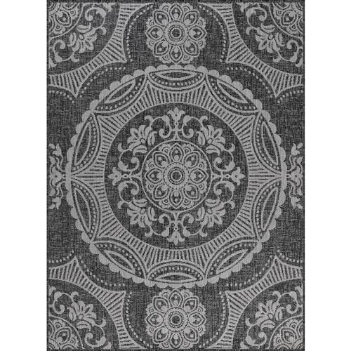 Medallion Outdoor Rug 8x10 Washable Outside Carpet for Indoor Patio Porch Waterproof Easy Cleaning Non Shedding Area Rugs Dark Gray 8 x 10