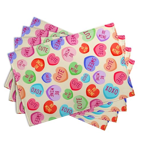 Valentine Pink Love Heart Candy Placemats Set of 4 Valentines Seasonal Table Mats Resistant Washable Dinner Mats for Outdoor Home Party Kitchen Dining 12x18 Inch (4 Count)