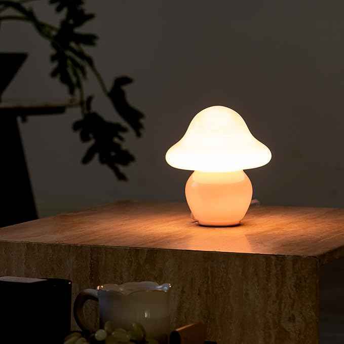 Mushroom Lamp Pink Glass Mushroom Table Lamp for Bedrooms, Living Room, Aesthetic Lamps for Bedroom, Cute Bedside Lamp