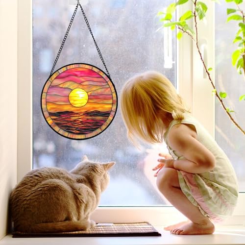 Sunrise Sea Pink Stained Glass Window Hanging Suncatcher Gifts Decor 6.3"