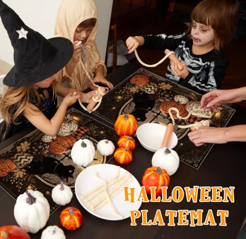 Halloween Placemats Set of 4 Black Cat Pumpkin Linen Table Mats 18x12 Inch (4 Count)