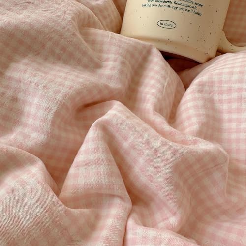 Pink Gingham Comforter Set Full Size Soft Fluffy Romantic Lace Bedding Set Cottagecore Cute Plaid Checkered Comforter Set 3 Pieces Pink Grid Farmhouse Bedding Comforter with 2 Pillowcases