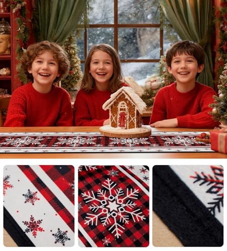 Christmas Table Runner Snowflakes Christmas Decorations with Red Buffalo