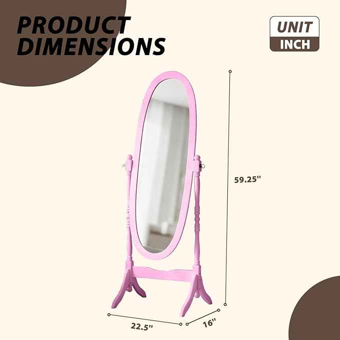 Full Length Mirror with Stand, Vintage Style Wood Floor Cheval Mirror, Traditional Adjustable Free Standing Mirrors Full Length (Pink)