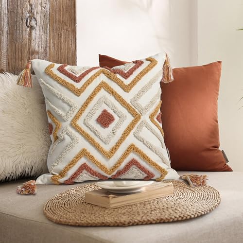 Boho Pillow Covers 18X18 Inch Boho Tufted Throw Pillow Covers Decorative Tassels Cushion Cover Farmhouse Pillow Case for Couch Sofa Bed Living Room Bedroom