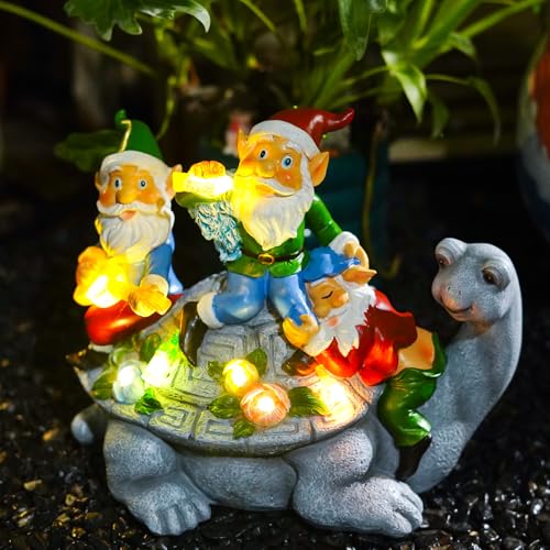 Upgraded Size Solar Garden Outdoor Statues Gnome Turtle Three Gnomes Having Party on Turtle with 7 LED Lawn Decor Outside Decorations for Patio