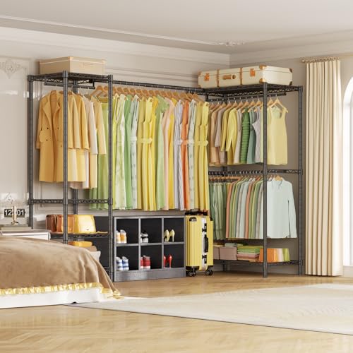 E10L L Shaped Clothes Rack for Corner（With Expandable Hanger Rod）Heavy Duty Freestanding Clothing Racks for Hanging Clothes